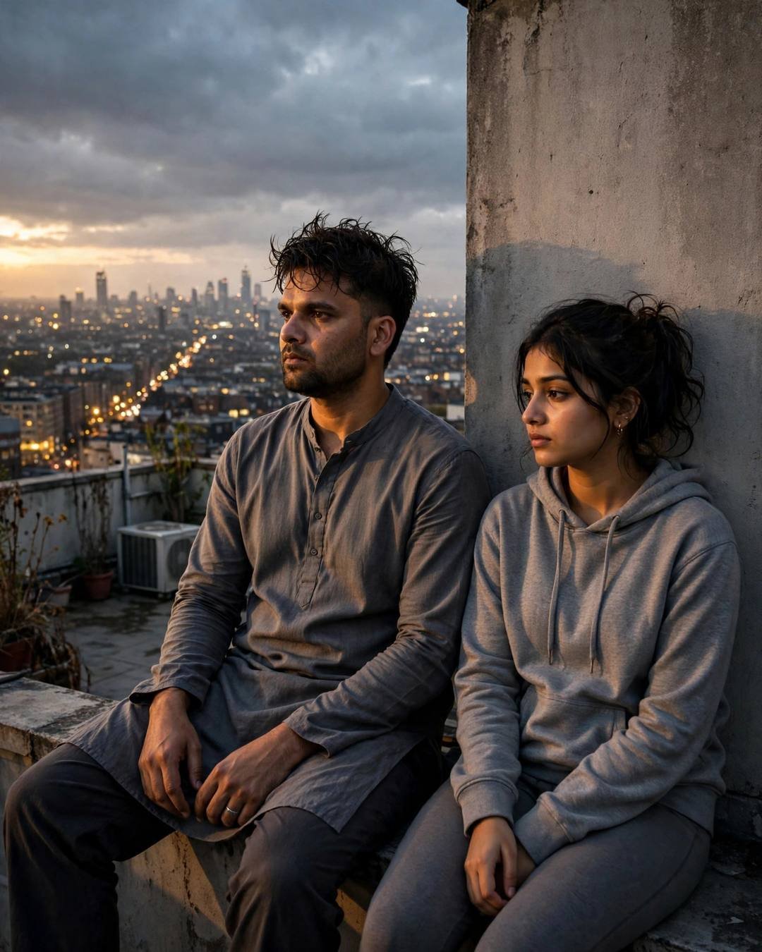 Young Indian couple sitting on a rooftop against a wall at golden hour, untangling shared earphones in silence above city lights