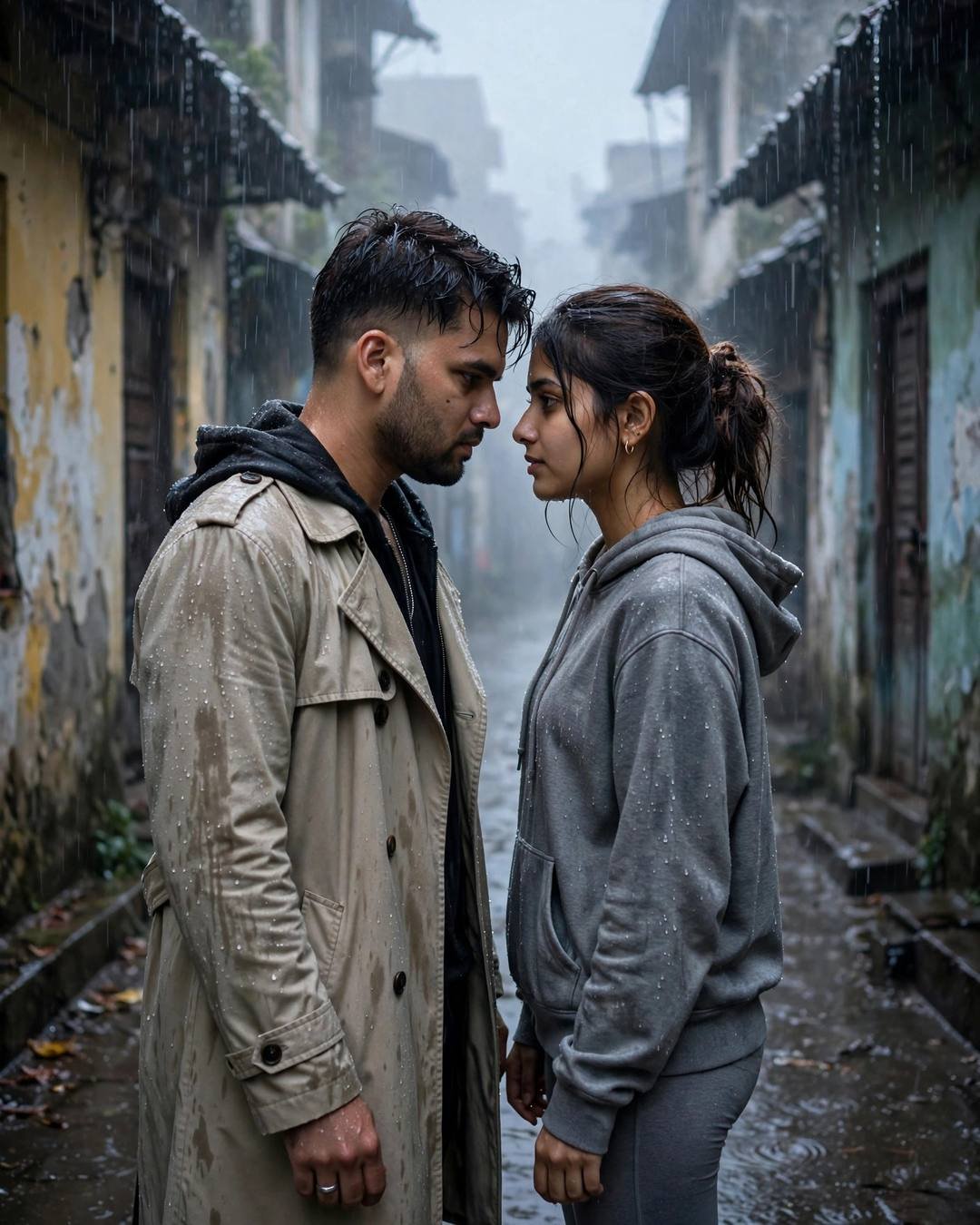 Young Indian couple standing face to face in heavy monsoon rain in an old-city lane, foreheads almost touching