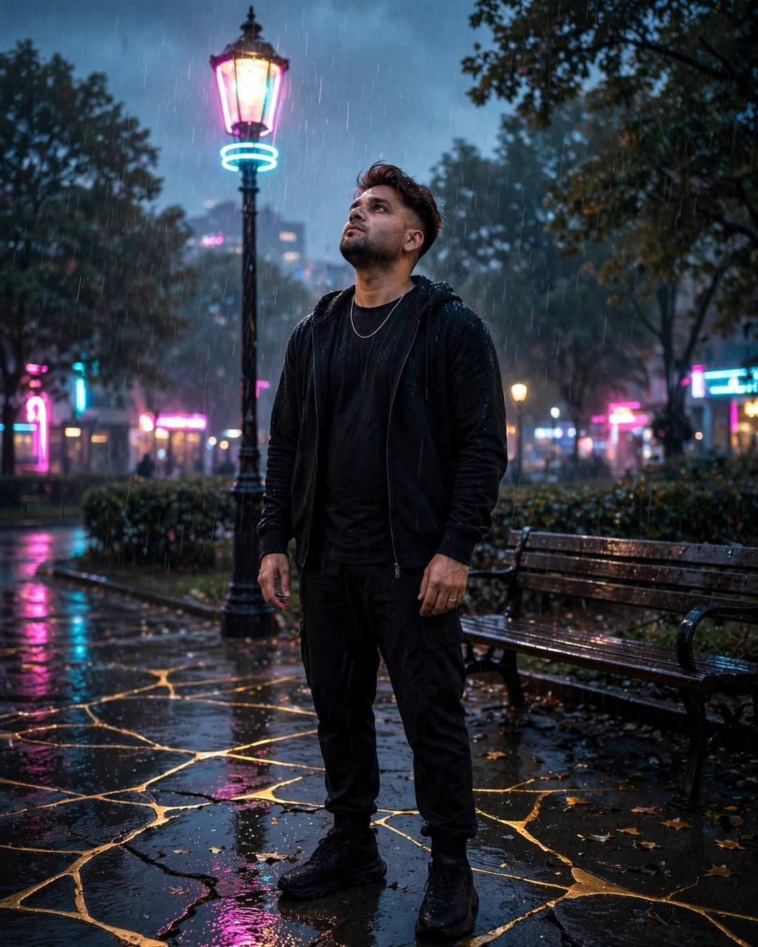 Young Indian man in black streetwear under a neon lamp in a rainy park, golden cracks glowing in pavement