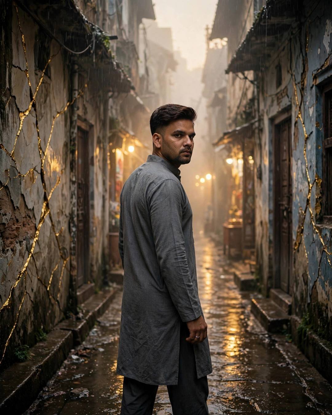 Young Indian man in grey kurta looking back at camera in a foggy old-city lane with golden wall cracks