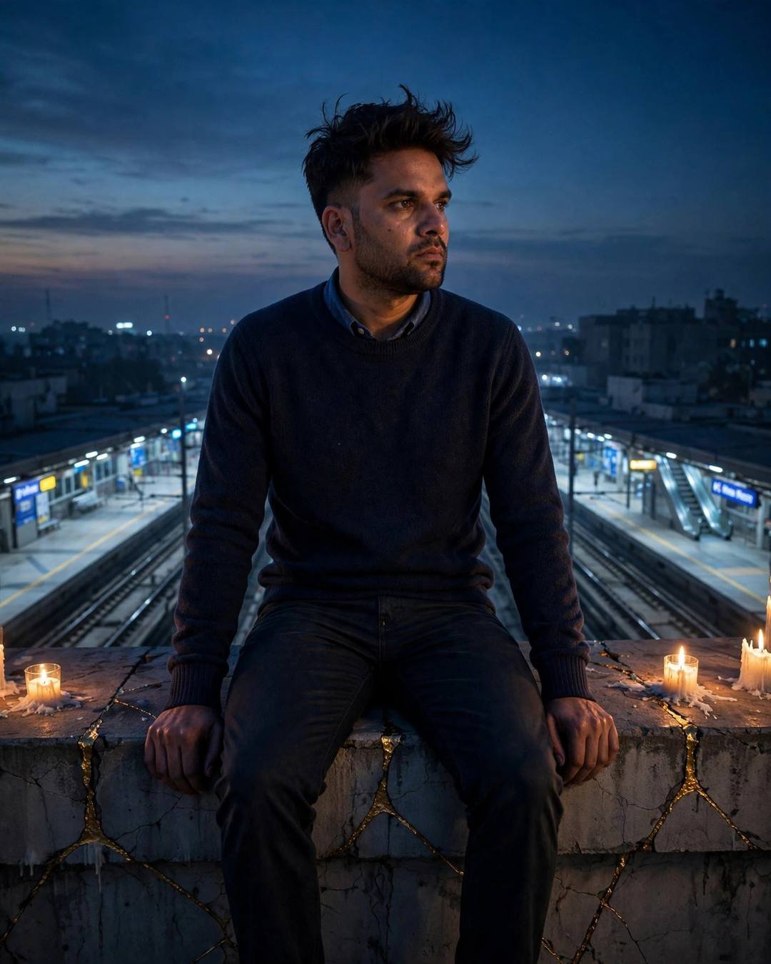 Young Indian man in navy sweater sitting on a candle-lit gold-cracked ledge above a metro station at night