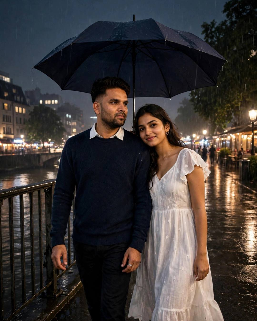AI couple portrait of a man and woman walking under one umbrella on a bridge over a river at night in the rain
