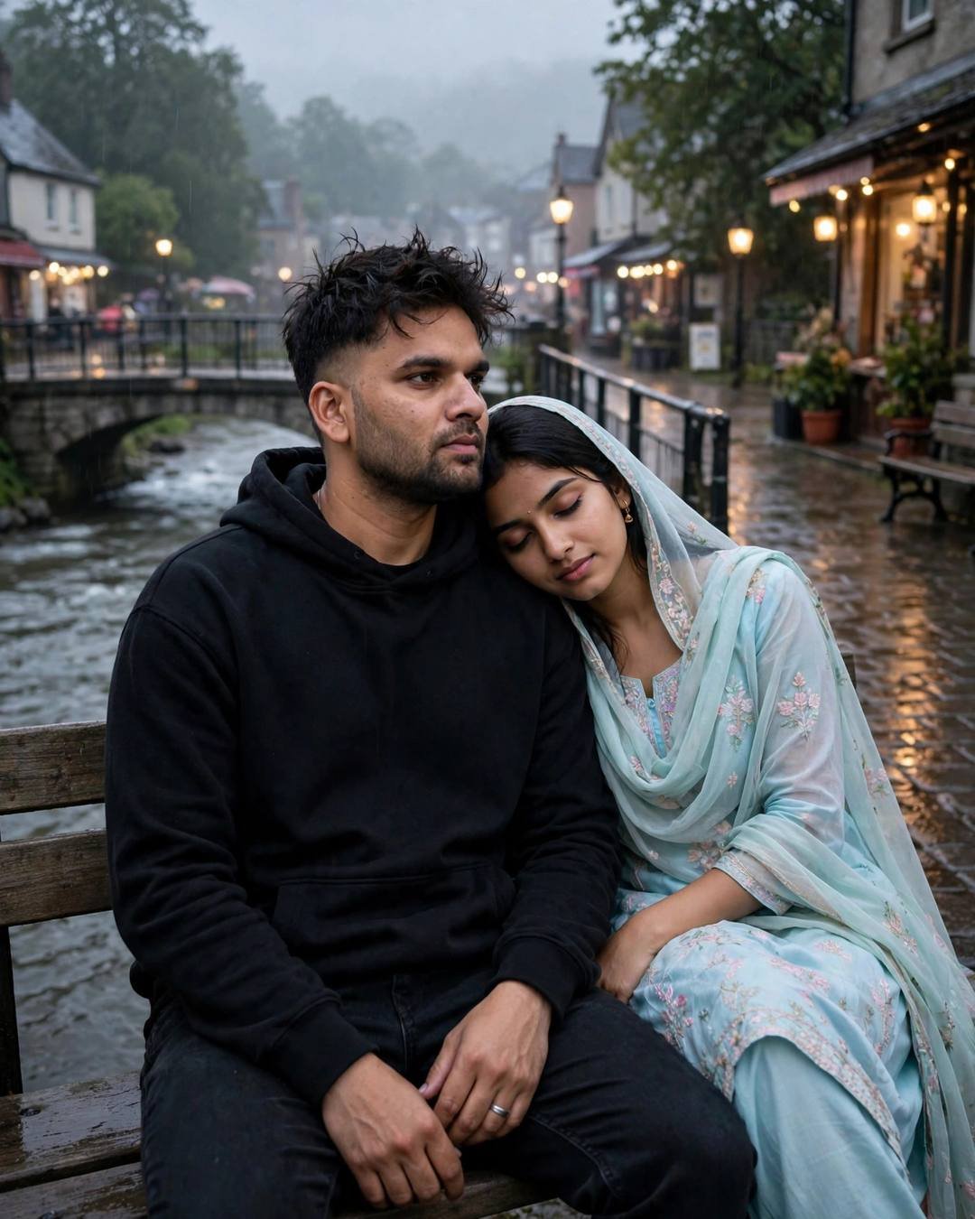 AI couple portrait of a woman resting her head on a man's shoulder on a bench by a stone bridge over a river