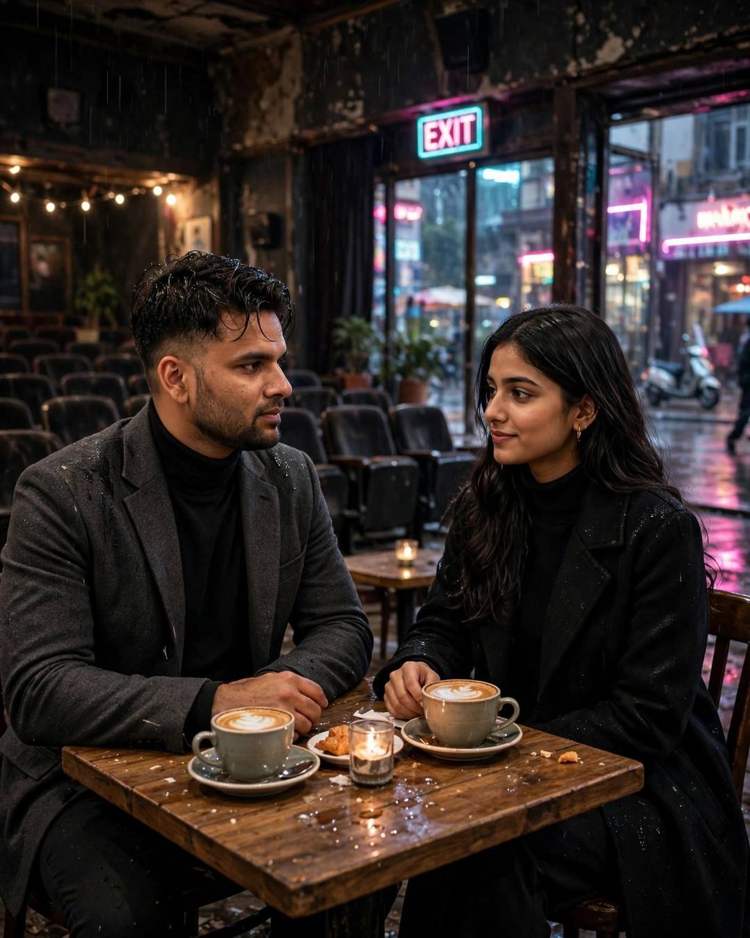 AI couple portrait of a man and woman sitting across a small café table inside an old cinema hall with neon street outside