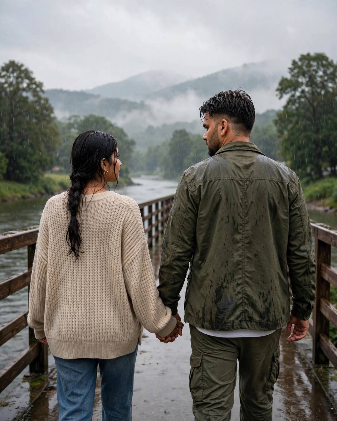 A couple walking hand in hand away across a misty river bridge in the rain