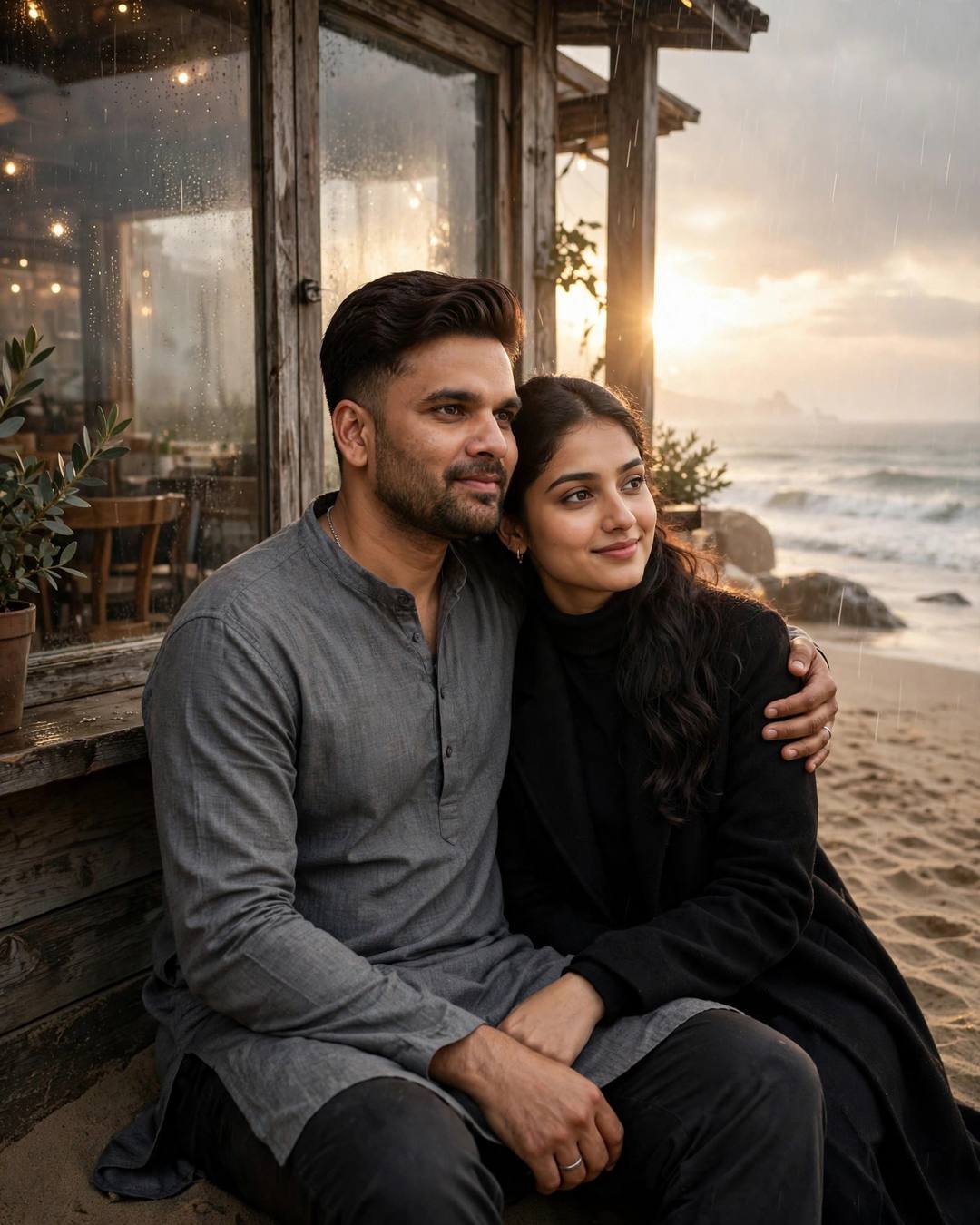 A couple sitting close on beach sand before a glowing old cafe in drizzle
