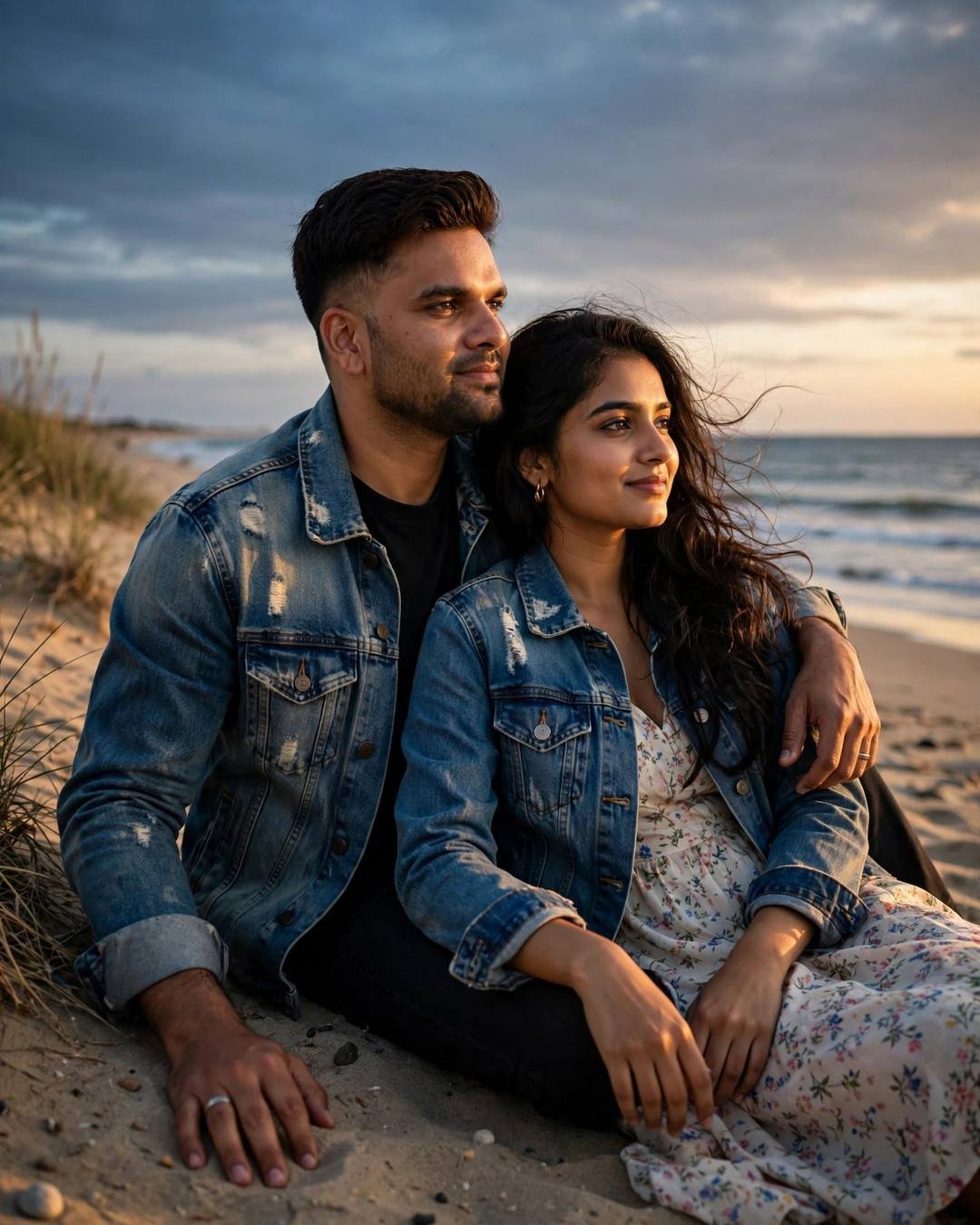 A couple on a beach at dusk in a dramatic shaft of golden light, his arm around her