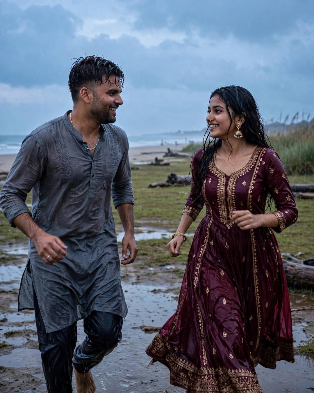 A couple running toward each other laughing across a wet beach