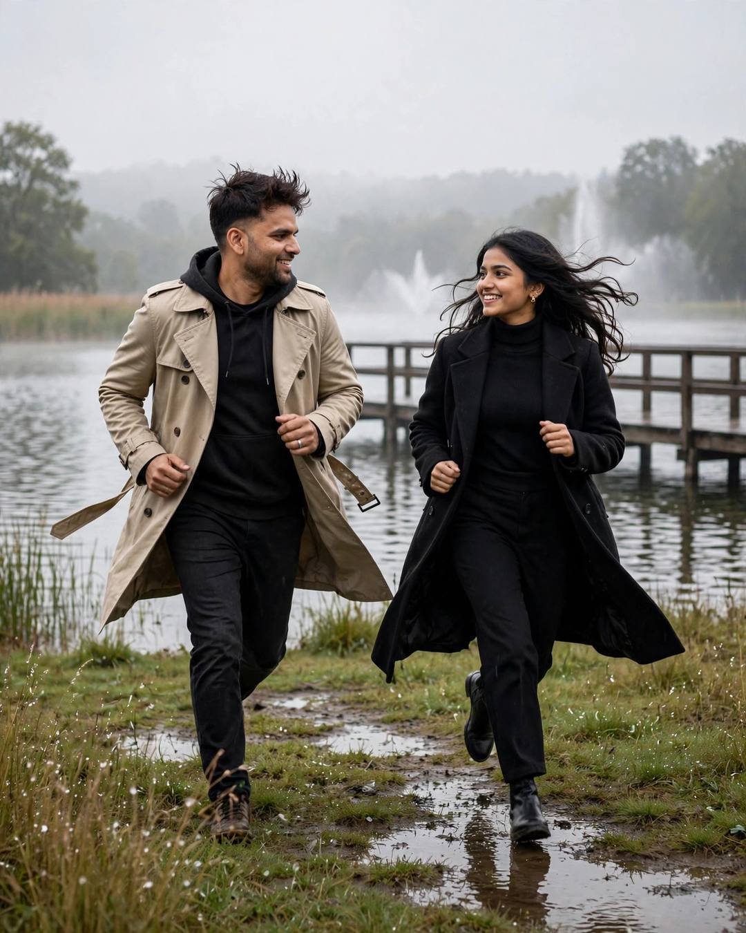 A couple running toward each other on a misty lake pier at dawn, coats flaring