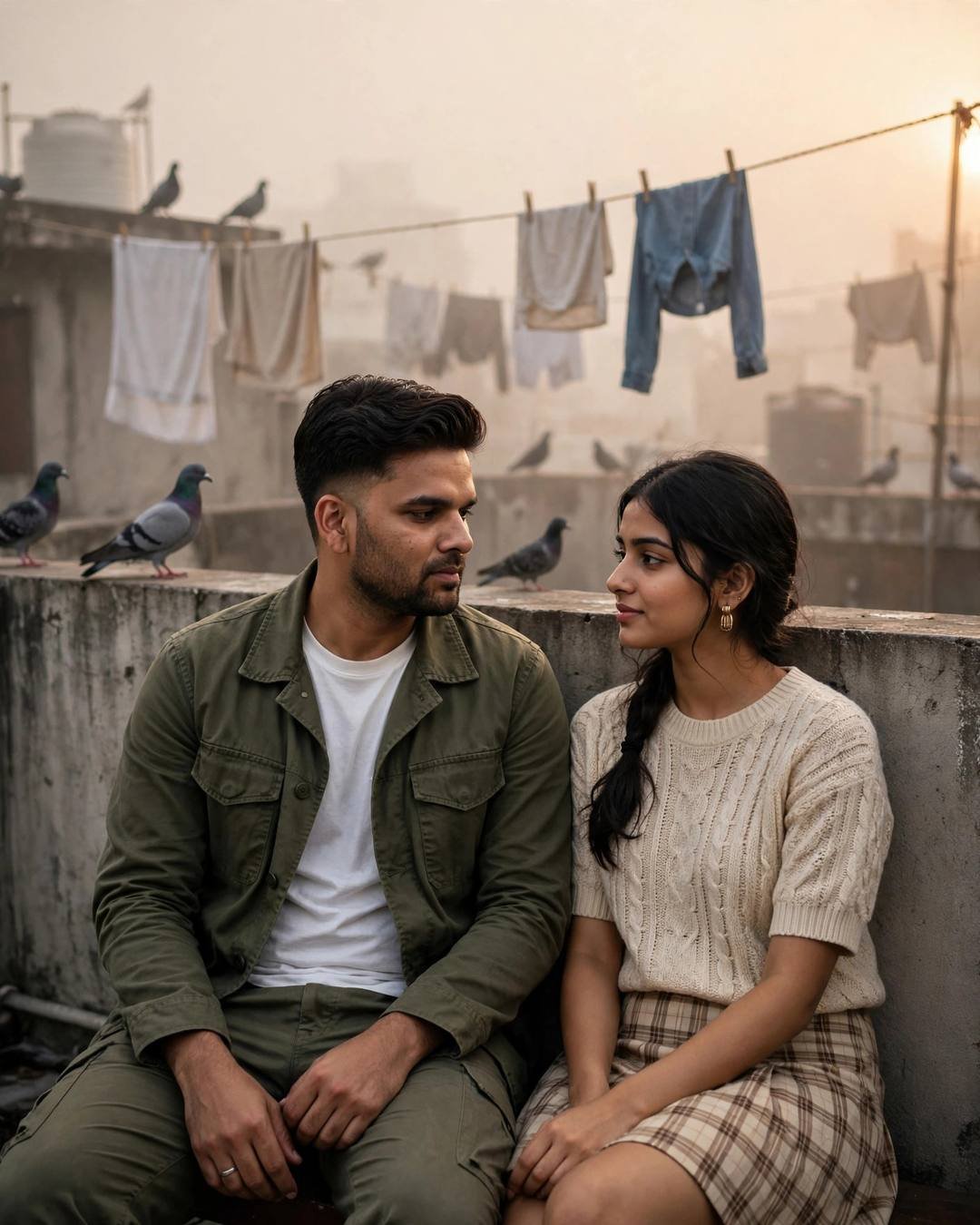 A couple on a rooftop ledge at golden hour, looking at each other, pigeons above