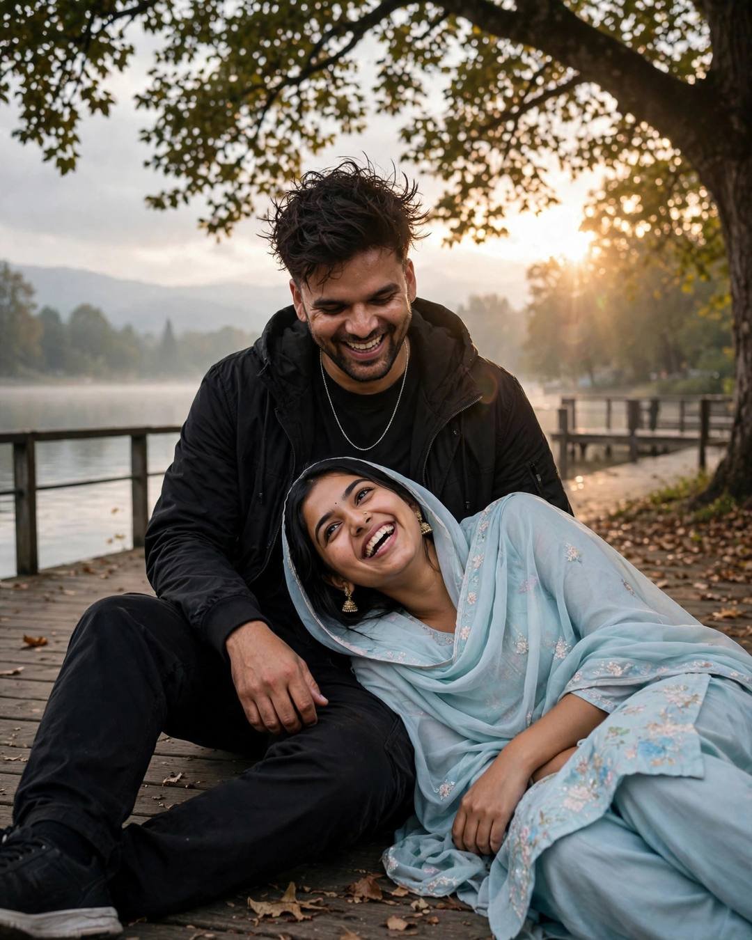 A laughing couple on a lake pier at golden hour, her head in his lap