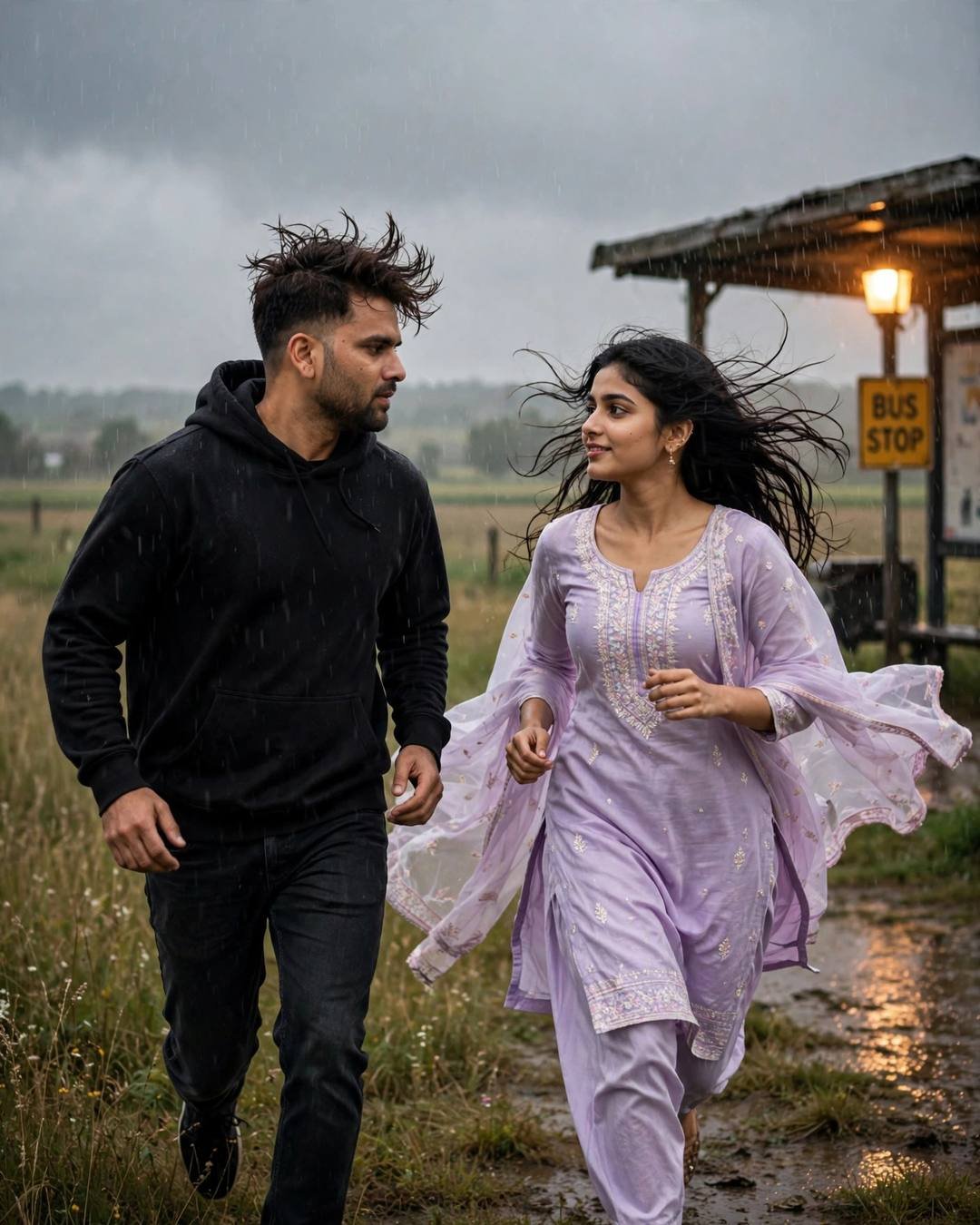 A couple running side by side through heavy rain toward a lit bus stop, laughing