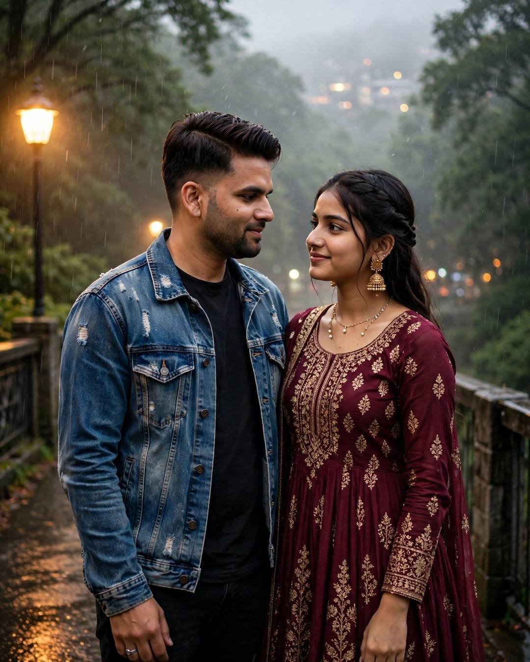 A couple standing face to face on a misty lamplit bridge