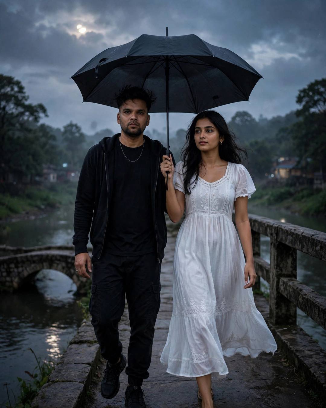 A couple sharing one umbrella on a moonlit stone bridge over a river