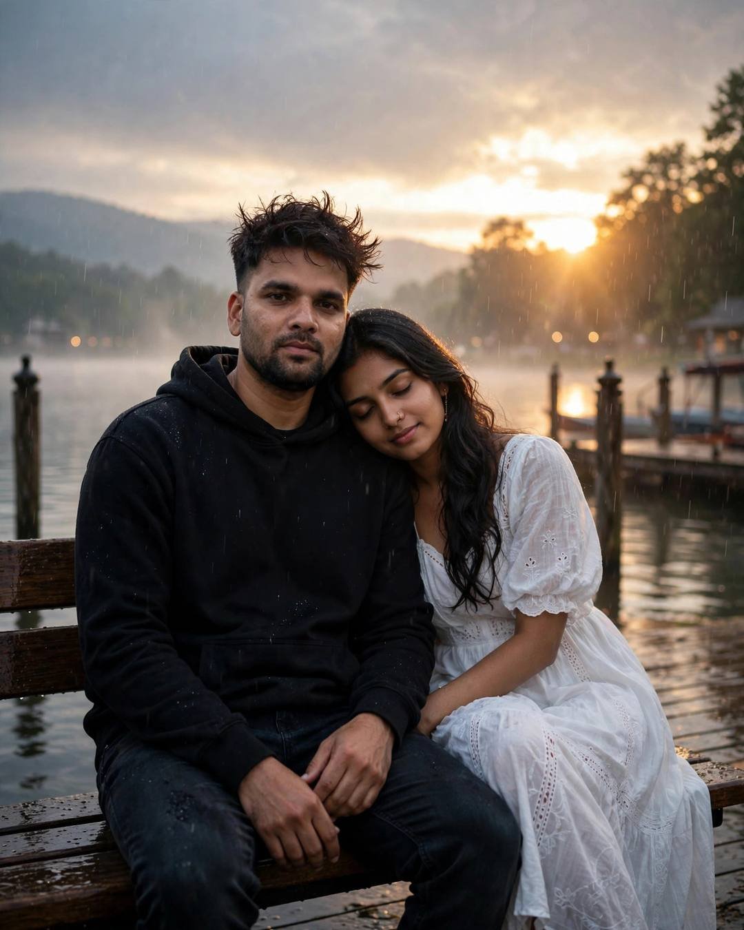 A couple on a lake pier bench at dawn, her head on his shoulder, sun flaring behind