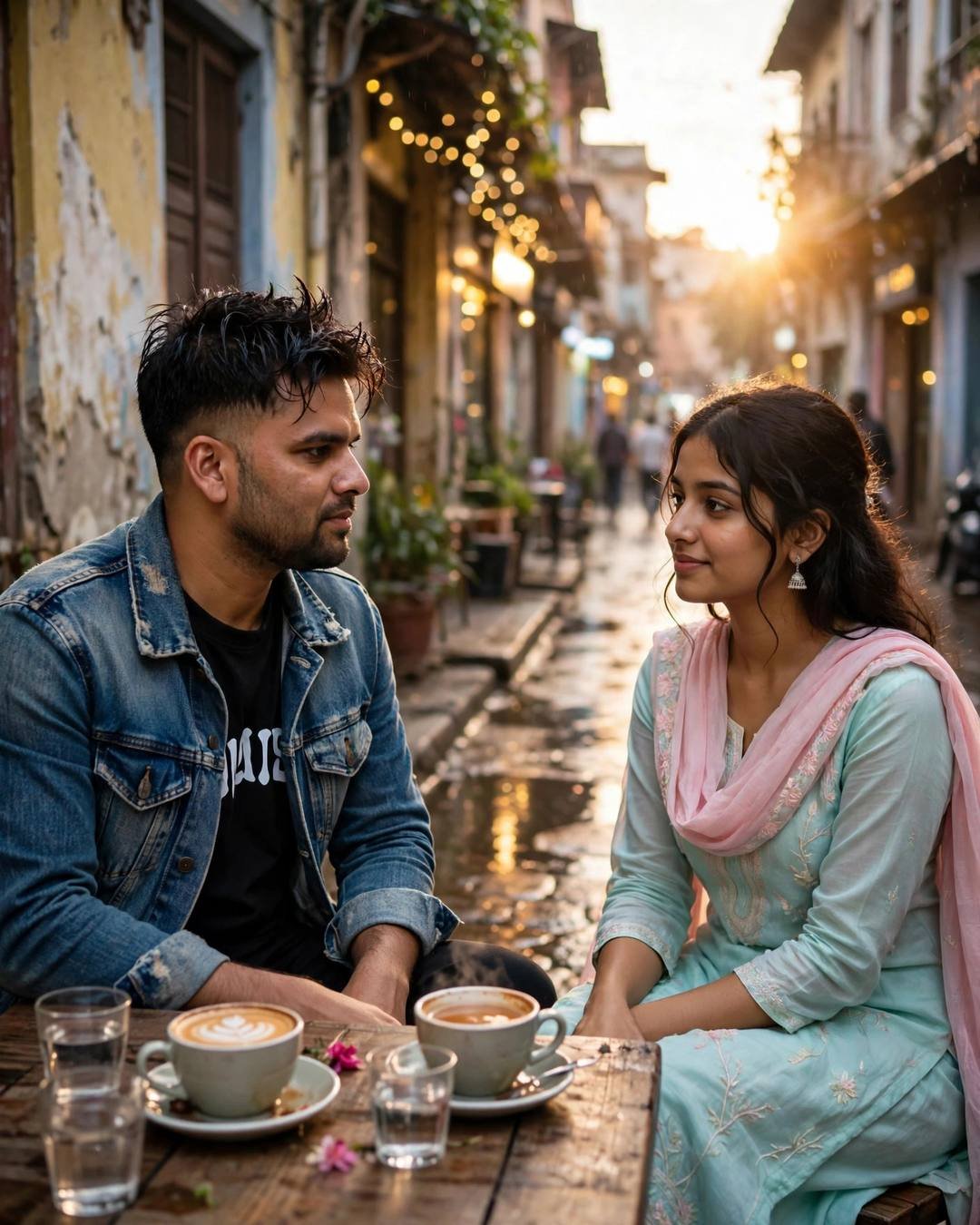 A couple at a tiny table in an old-city lane at sunset, hands almost touching