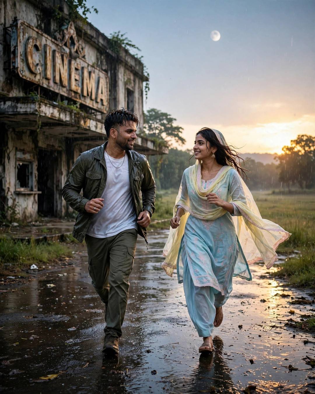 A couple running toward each other before a ruined cinema at dusk, moon rising