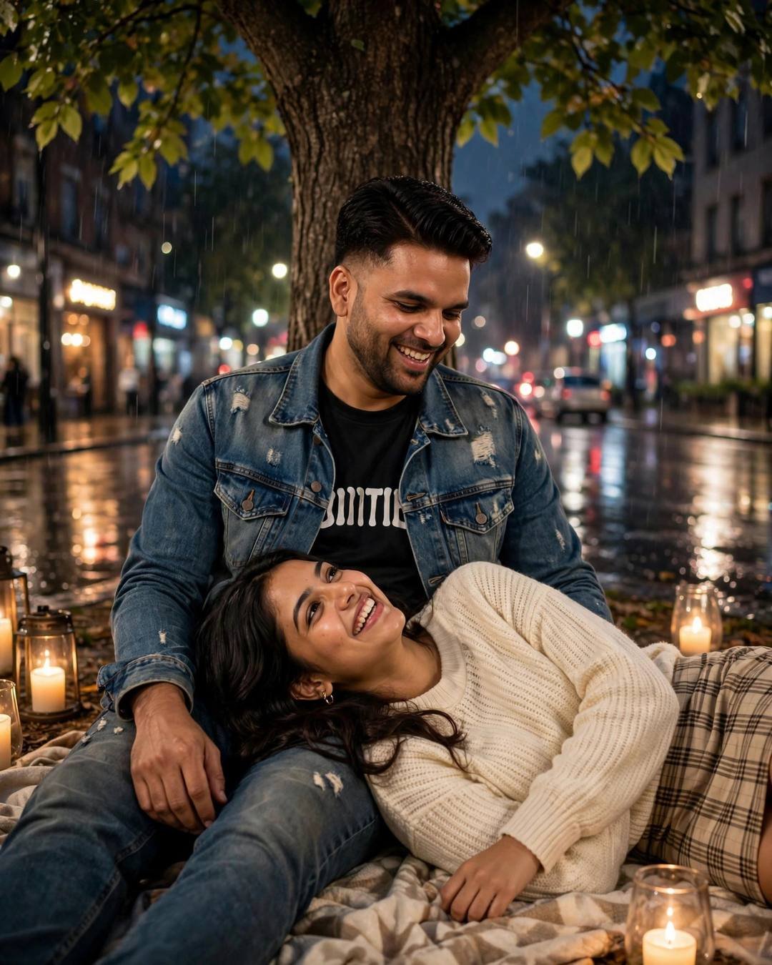 A laughing couple under a tree at midnight, her head in his lap, candles around