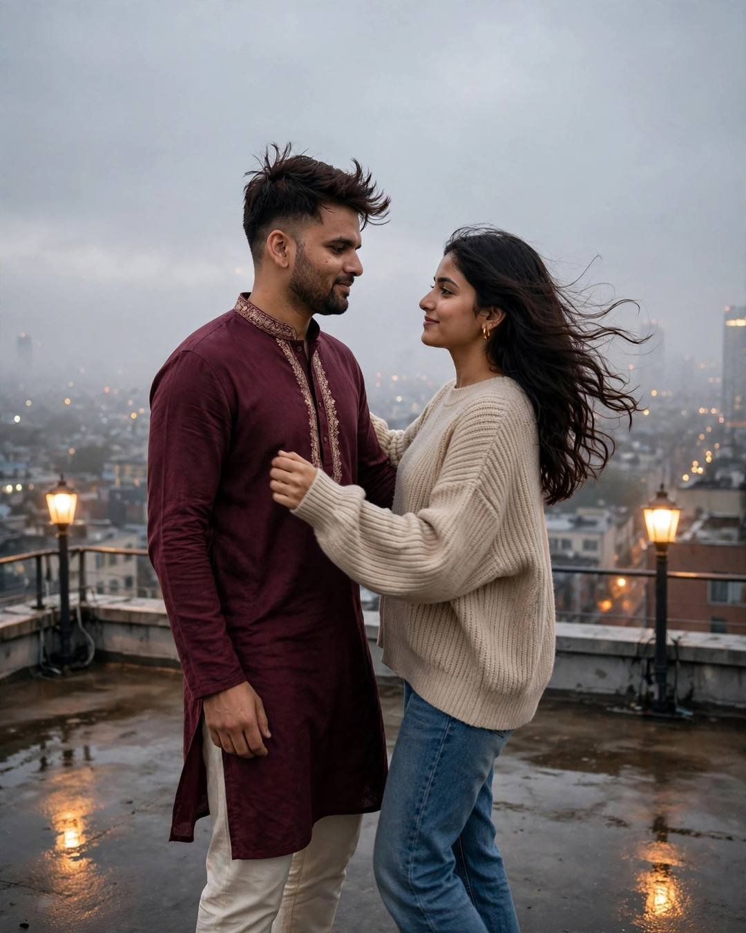 A couple slow-dancing on a rainy rooftop at dawn
