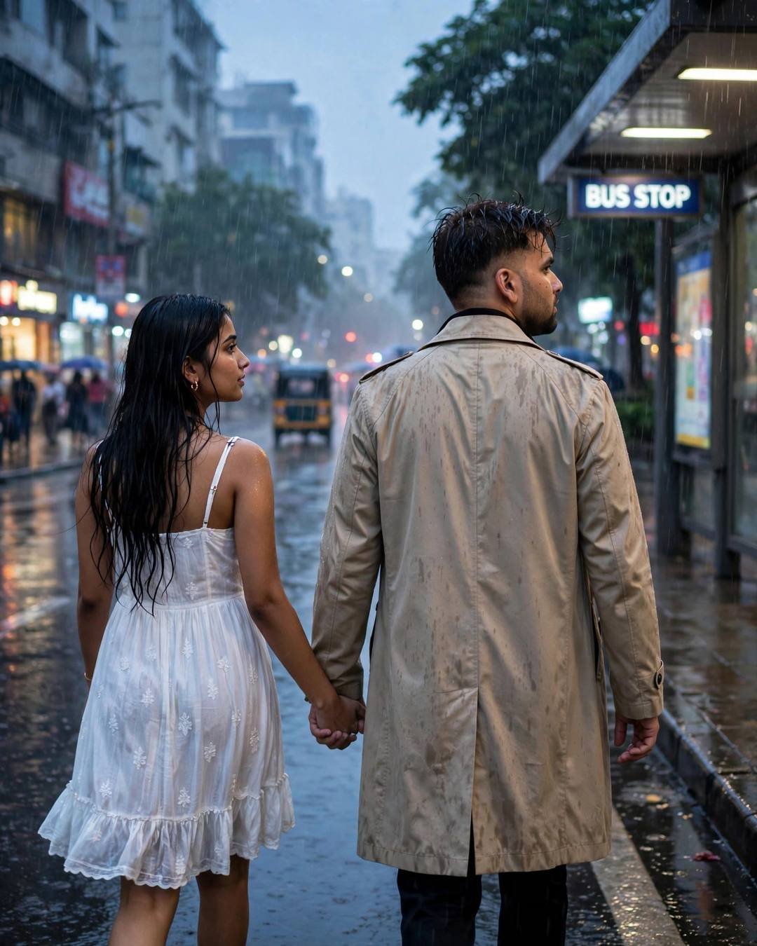 A couple walking hand in hand away down a rainy city street at blue hour