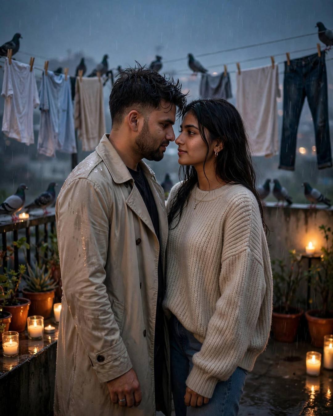 A couple with foreheads nearly touching on a rainy rooftop terrace with pigeons