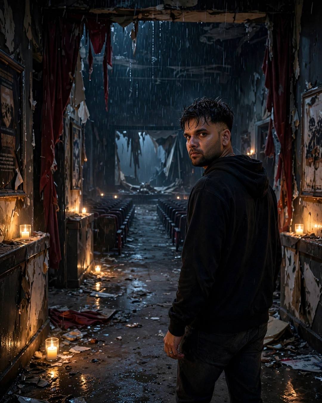 AI portrait of a young Indian man in a black hoodie looking back over his shoulder in an abandoned cinema hall with candles, rain and midnight shadows