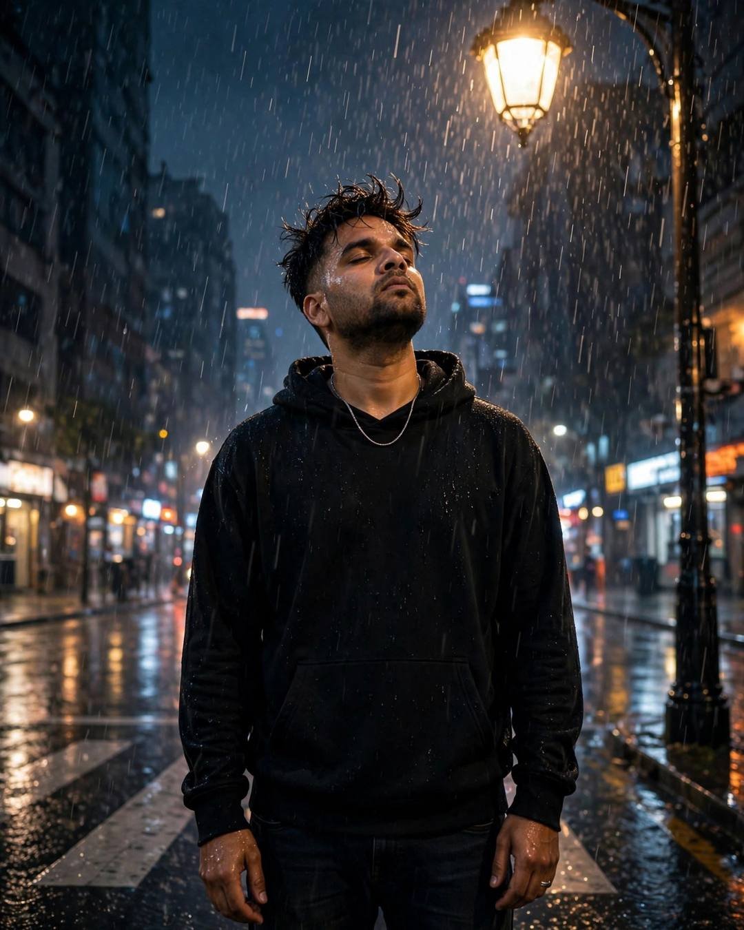 AI portrait of a young Indian man in a black hoodie under a streetlamp in heavy rain at night, face tilted up, city lights glowing