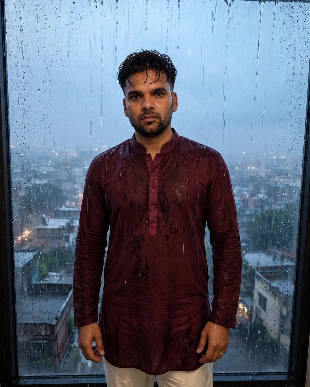 AI portrait of a young Indian man in a maroon kurta at a rain-streaked rooftop window during heavy monsoon rain, foggy city below
