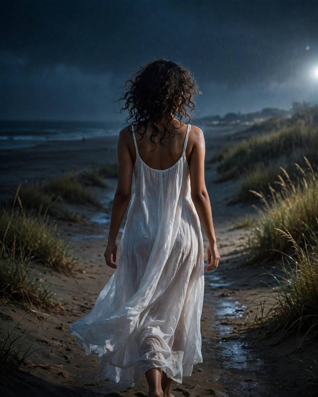 Young Indian woman in white summer dress walking away on a deserted beach at dusk, back view