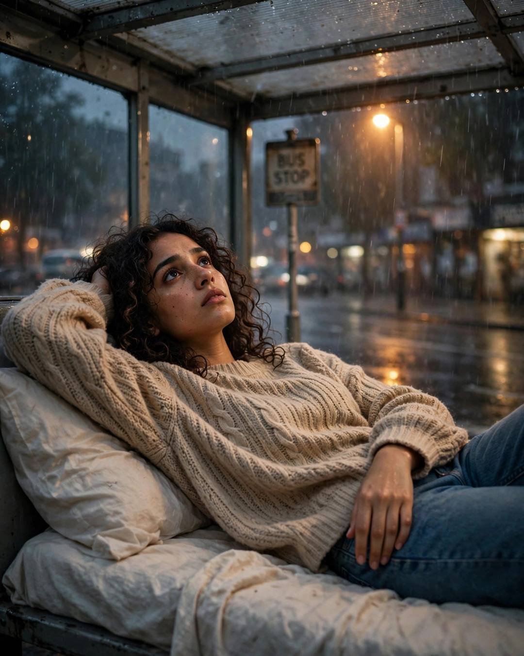 Young Indian woman reclining on a bed inside a rainy bus stop shelter at night, gazing upward