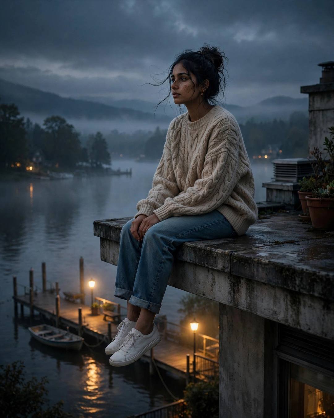 Young Indian woman sitting on a ledge over a misty lake pier at dawn, legs dangling, cable-knit sweater
