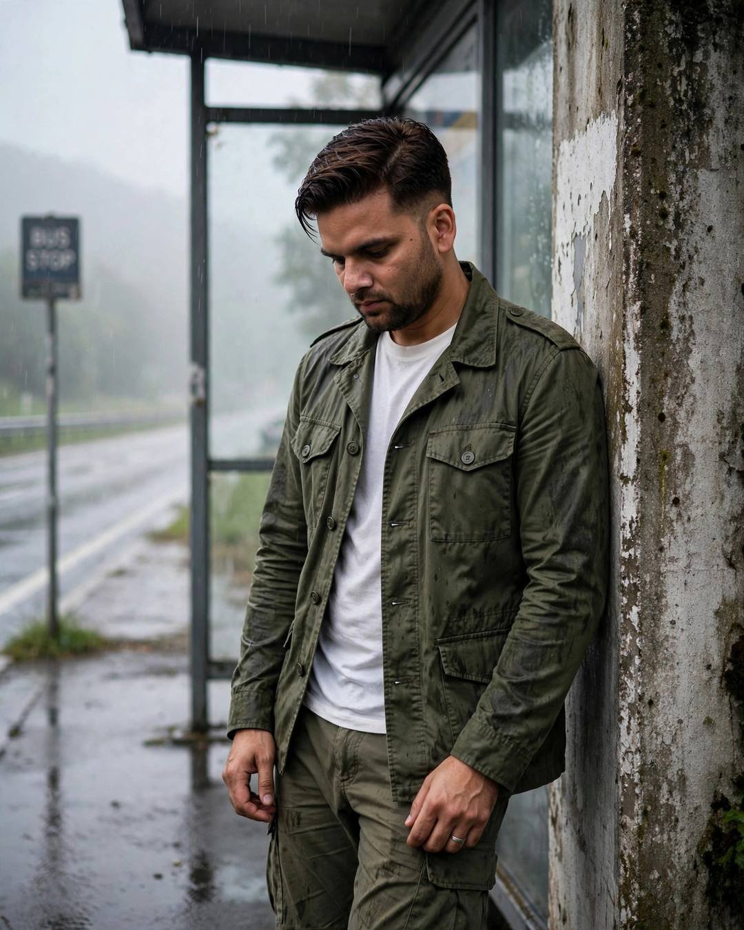 Young Indian man in olive field jacket and white tee leaning against a weathered wall at a rainy bus stop, head bowed in quiet reflection