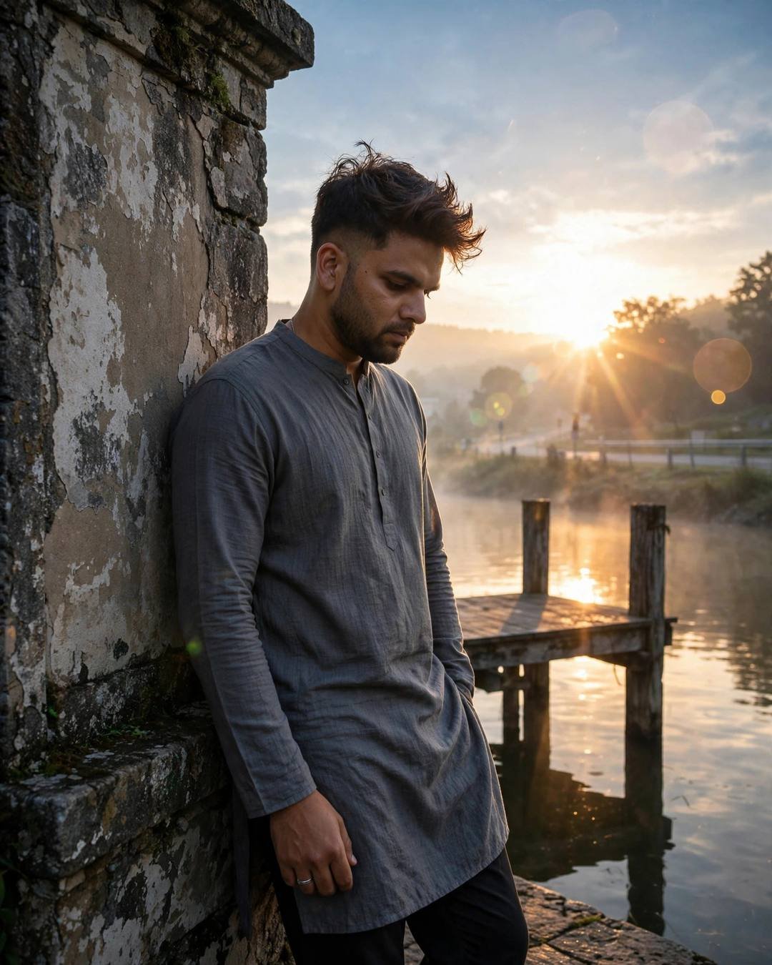 Young Indian man in grey kurta leaning against a weathered stone wall beside a lake pier at sunrise, golden light flaring behind him