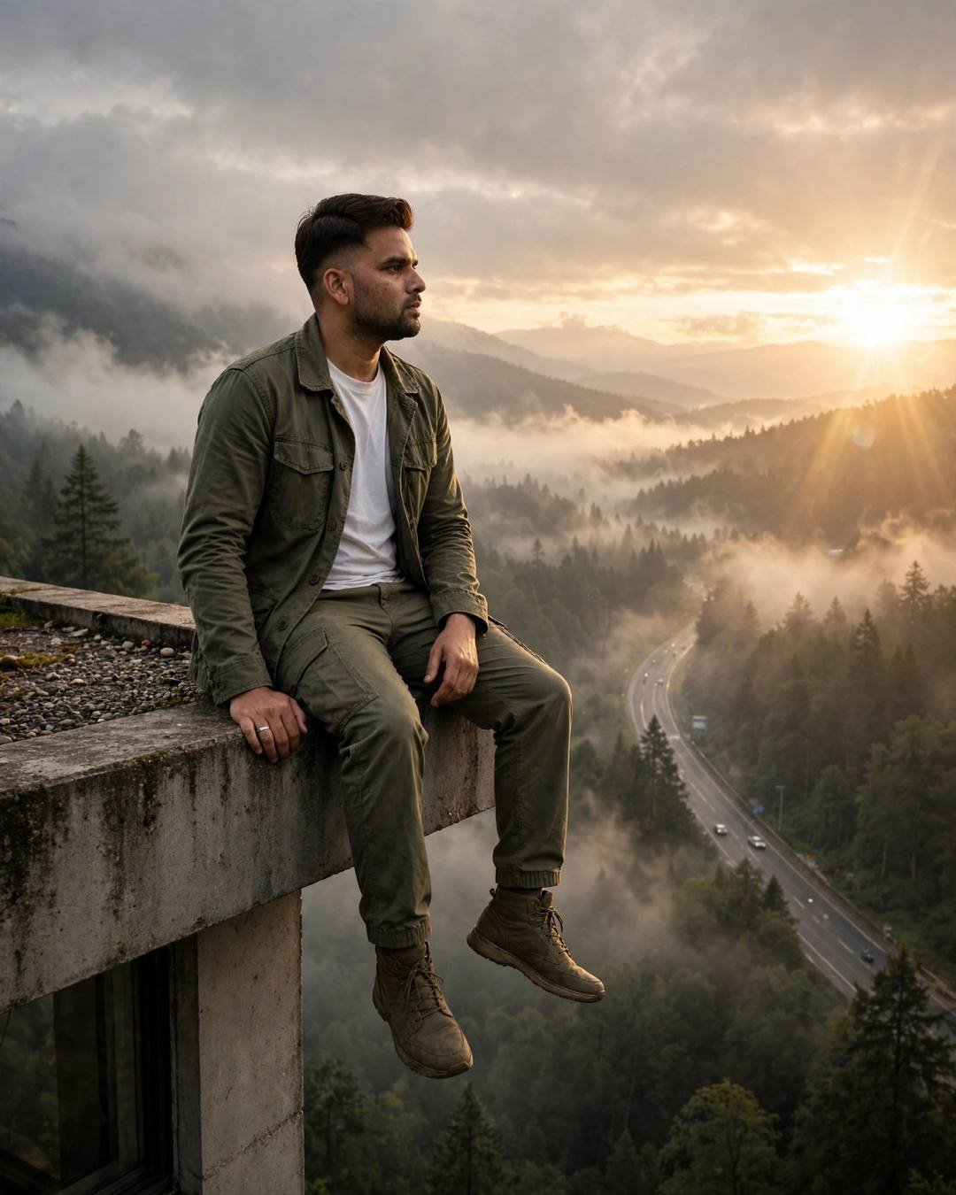 Young Indian man in olive field jacket sitting on a concrete ledge with legs dangling, overlooking a misty pine valley and highway at golden hour