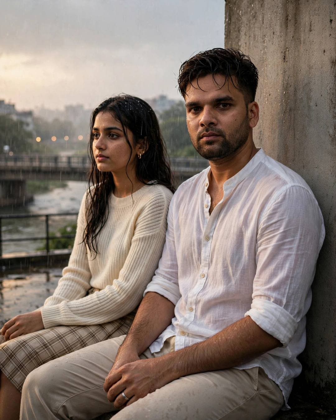 Young Indian couple sitting against a wall by a bridge over a river in light rain, sharing a quiet moment