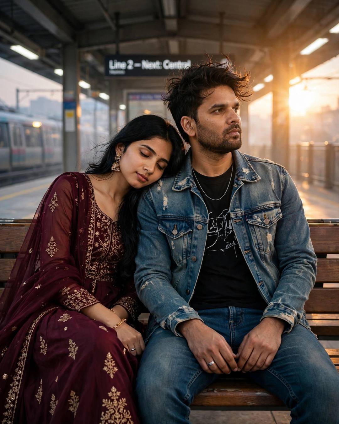 Couple on a metro station bench at night, woman in maroon anarkali resting her head on man's shoulder