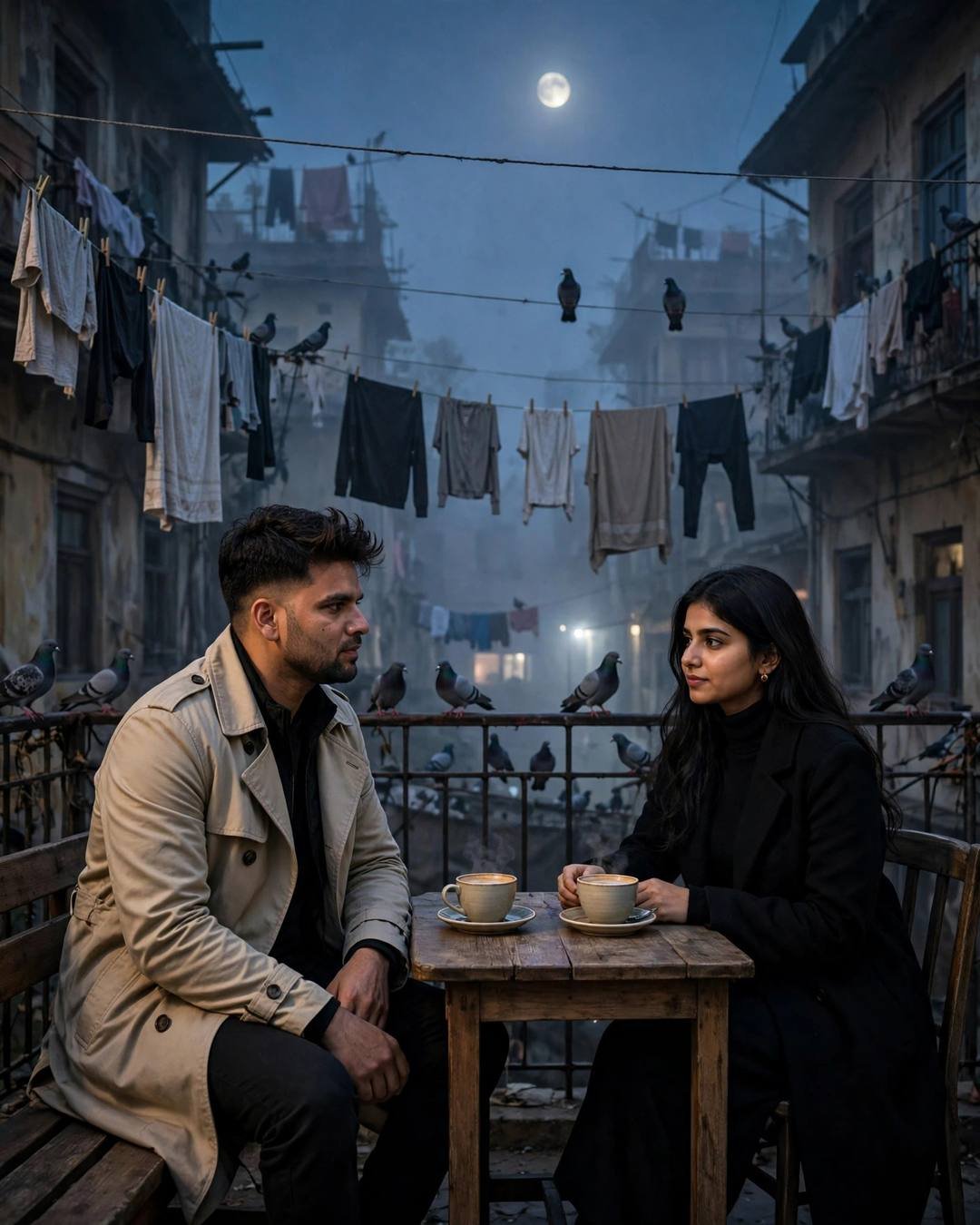 Couple at a small table on a moonlit terrace with hanging clothes lines and pigeons, sharing chai