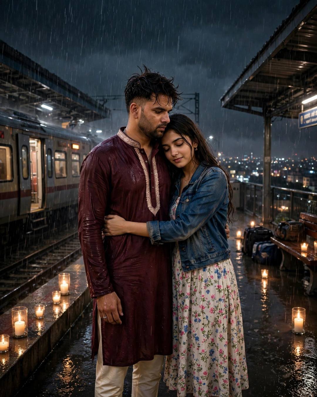 Couple embracing on a rainy railway platform at night lined with candles, train waiting in background