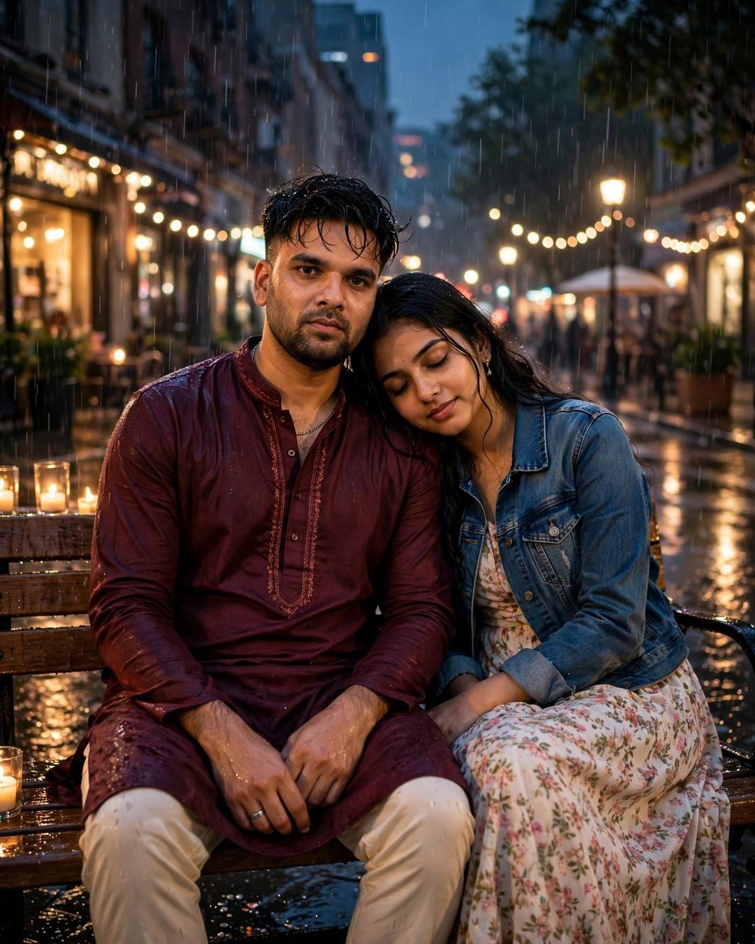 Couple on a bench on a rainy street at night with string lights, woman resting head on man's shoulder