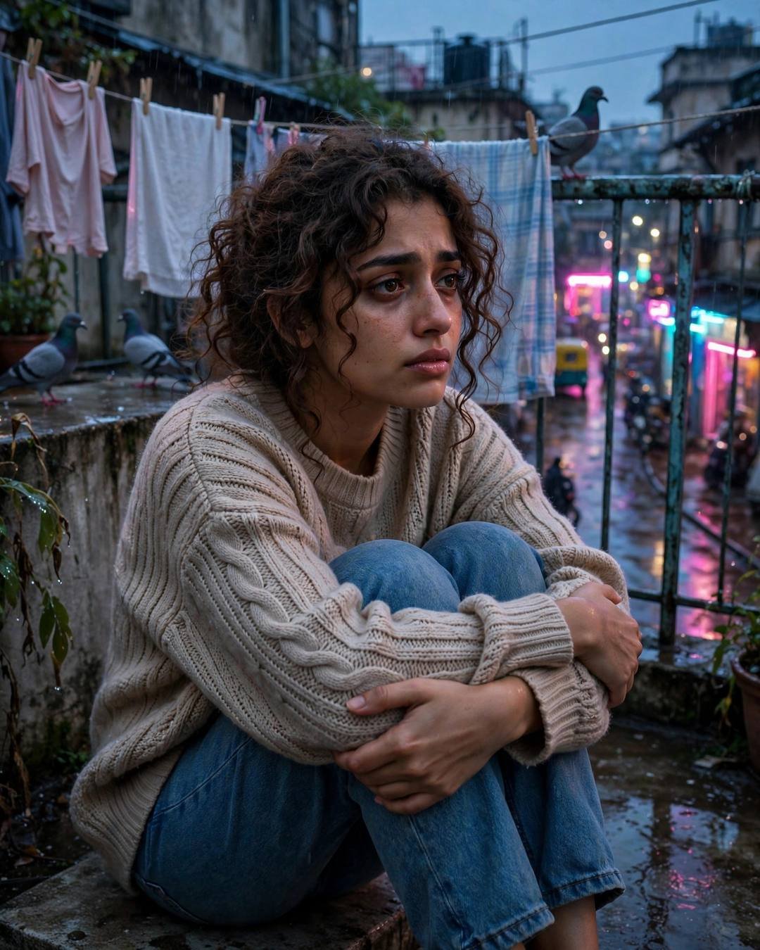Young Indian woman in a beige sweater and jeans sitting with knees drawn up on a rain-damp terrace with pigeons and neon-lit street below