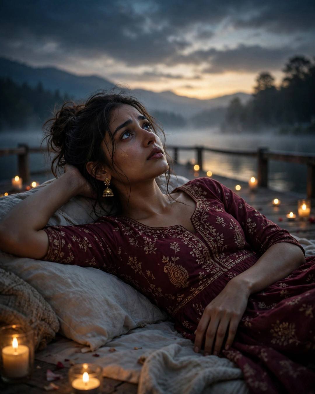 Young Indian woman in a maroon anarkali with jhumkas reclining at a candle-lit lake pier at dawn, watching smoke rise