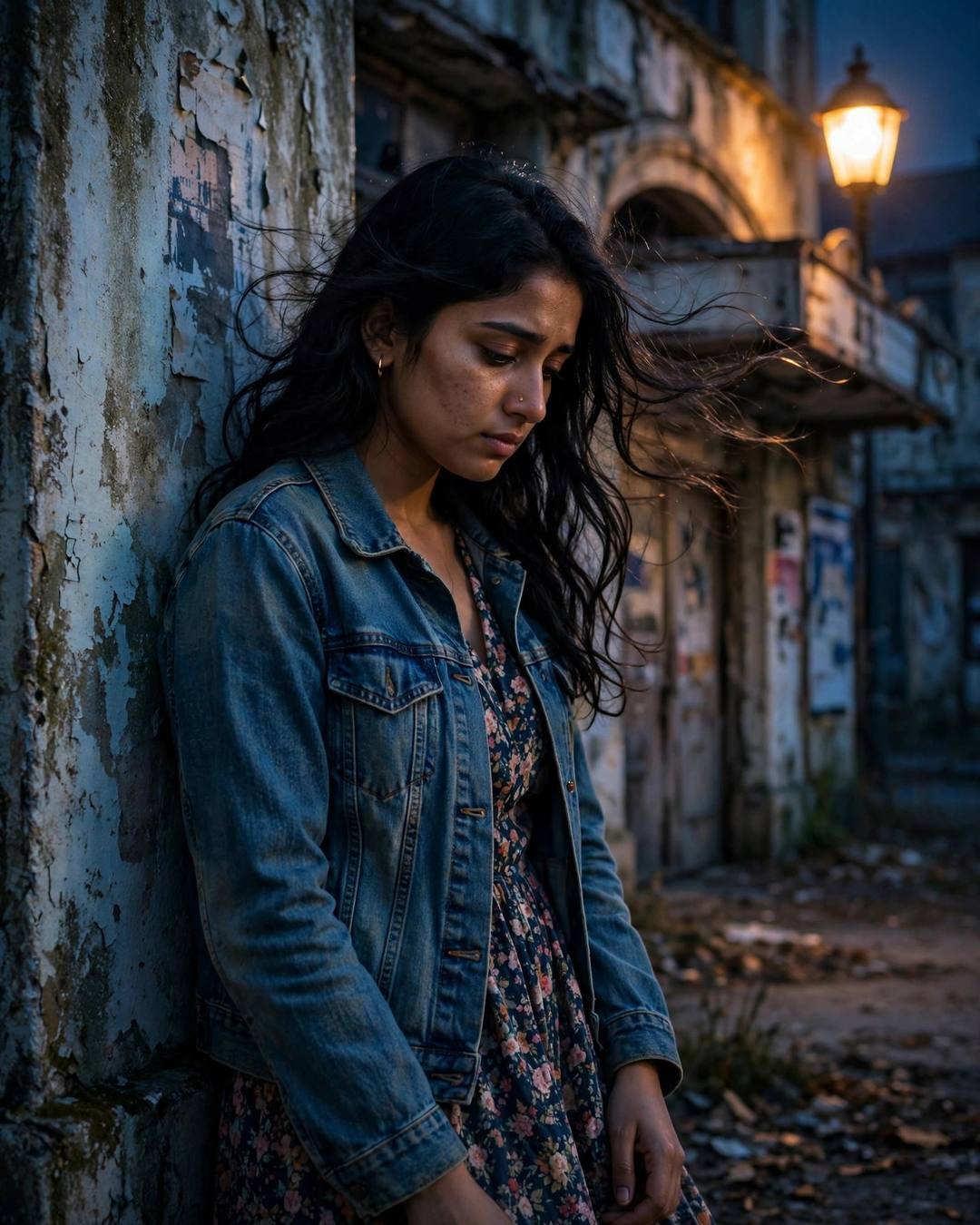 Young Indian woman in a denim jacket over a floral dress leaning against the peeling wall of an abandoned cinema hall under a streetlamp at night