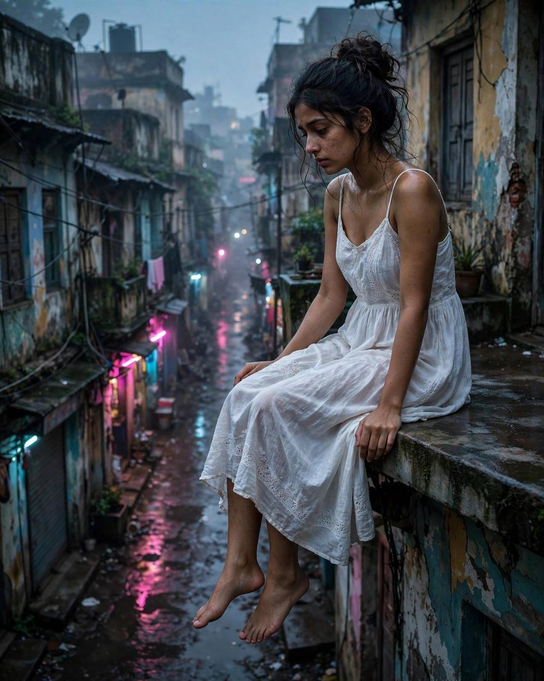 Young Indian woman in a white summer dress sitting on a rooftop ledge above a neon-lit old-city lane at dawn, wiping her cheek
