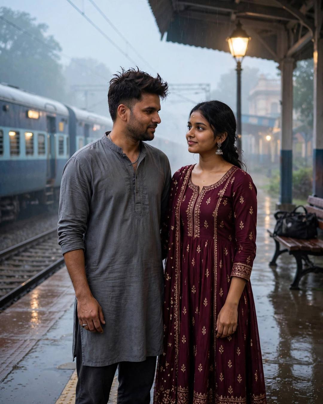 Young Indian couple standing close on a foggy railway platform, train waiting, sharing one last moment