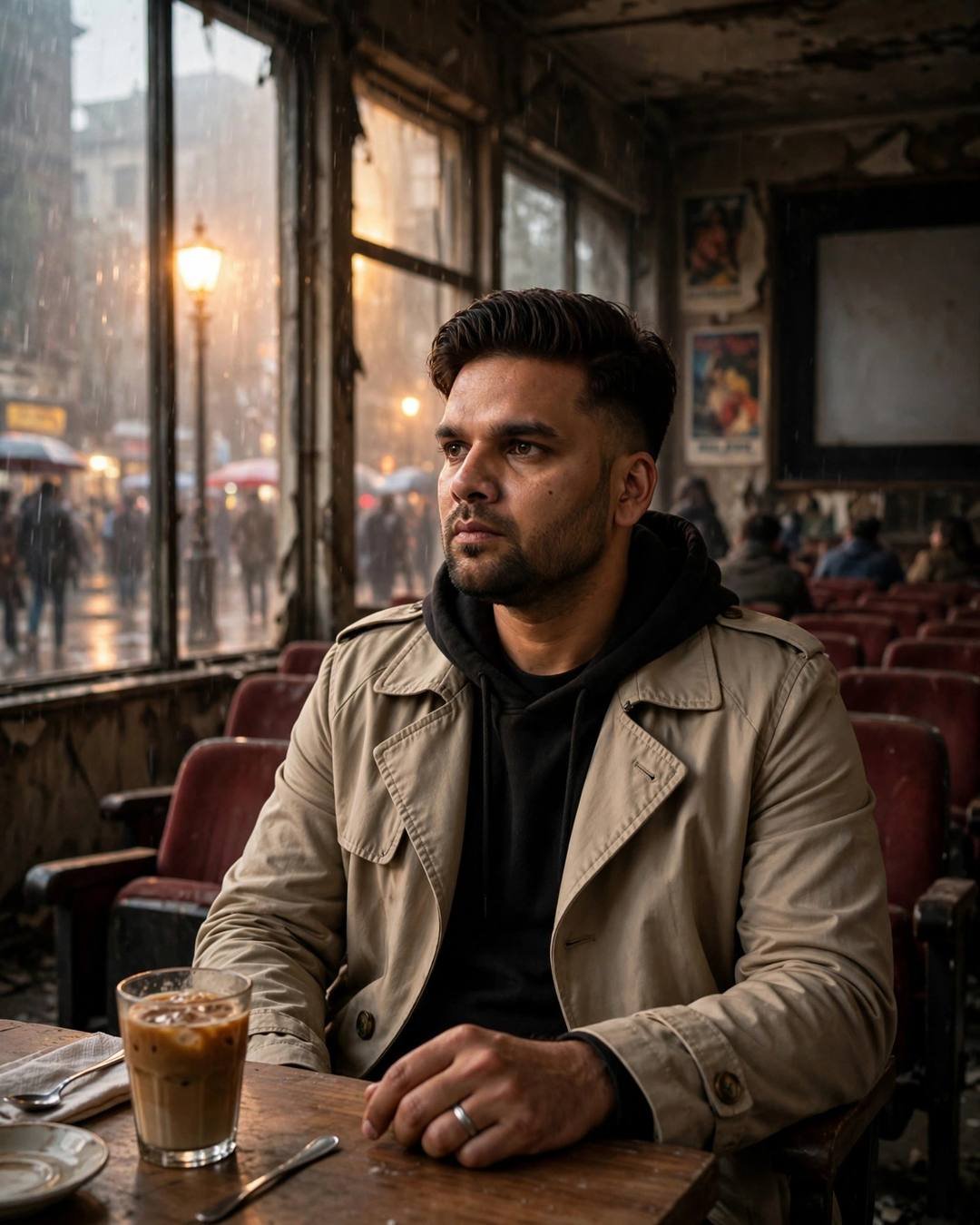 Young Indian man in a beige trench coat sitting in an abandoned cinema hall with a cold coffee, gazing at the rain