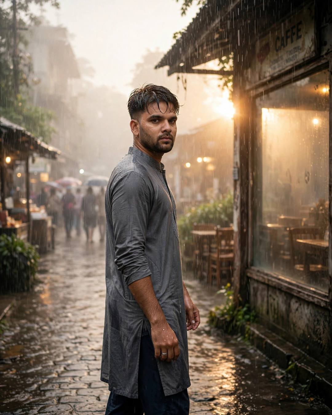 Young Indian man in a grey kurta walking away down a rainy lane by an old cafe, golden backlight