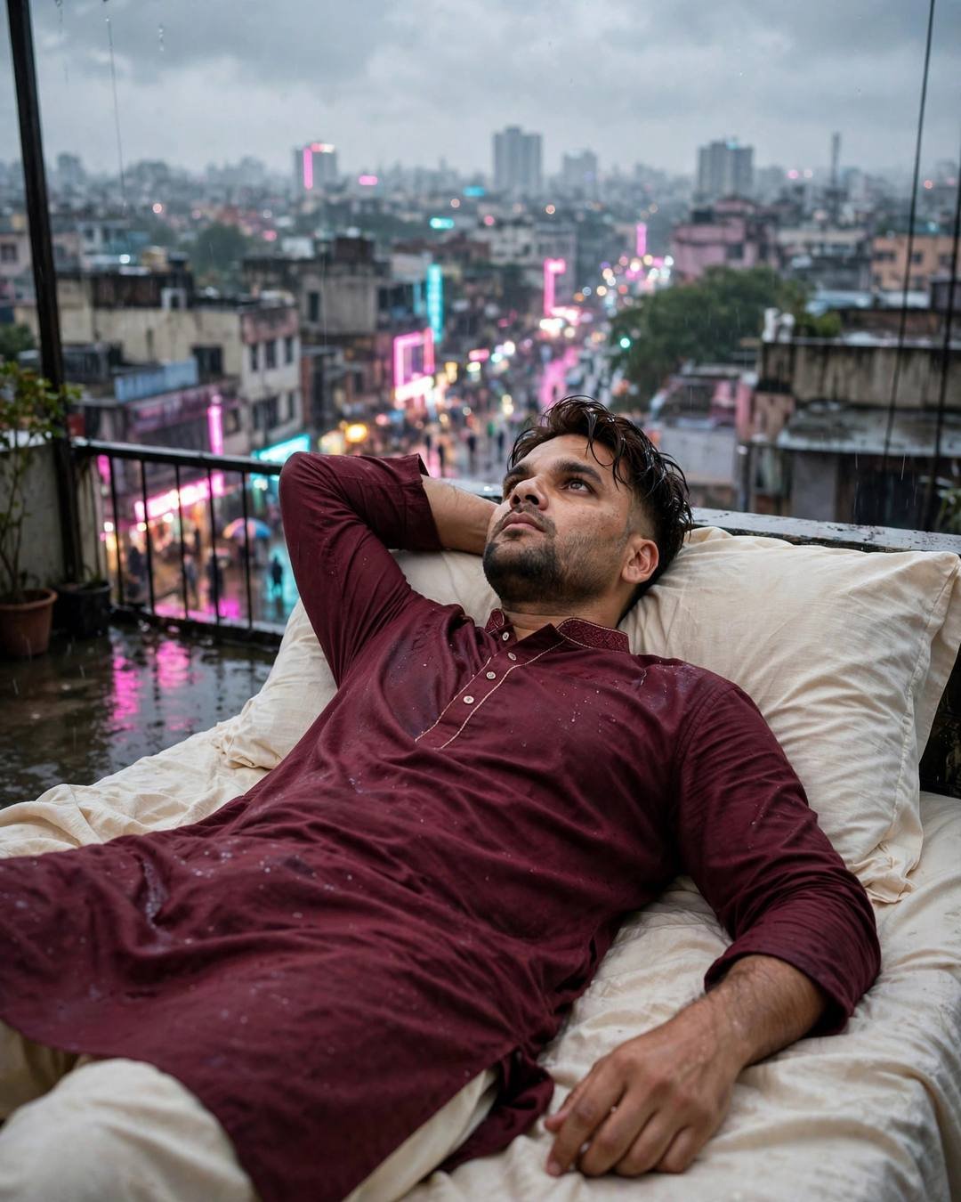 Young Indian man in a maroon kurta lying on a rooftop bed at night with one arm behind his head, neon city below