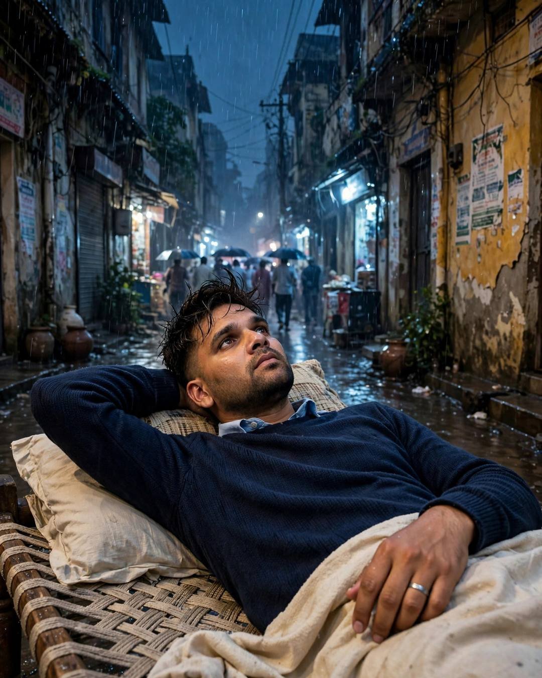 Young Indian man in a navy sweater lying on a charpai in a rainy old-city lane at night, one arm behind his head