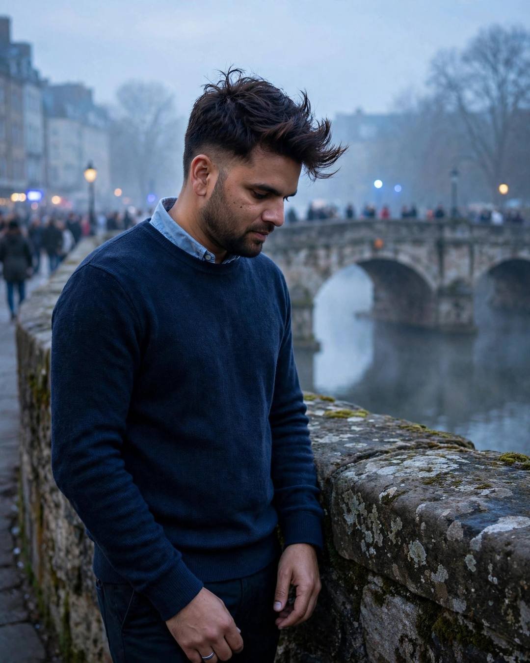 Young Indian man in a navy sweater leaning against a stone bridge wall at dawn, head tilted down