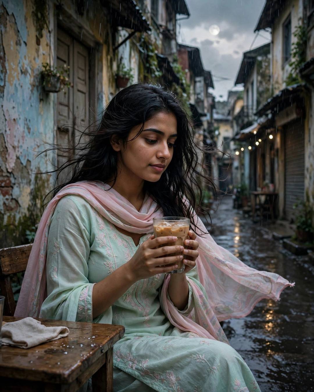Young Indian woman in a pastel salwar-kameez sitting in a drizzly old-city lane at night, cradling a cold coffee